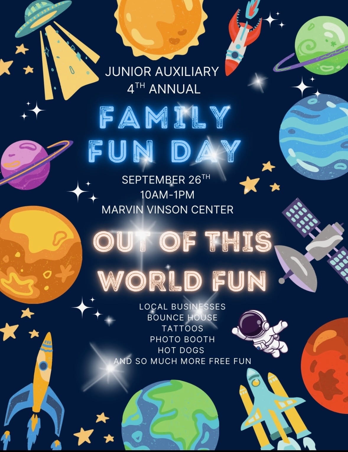 Junior Auxiliary 4th Annual Family Fun Day — September 26th, 10AM–1PM, Marvin Vinson Center